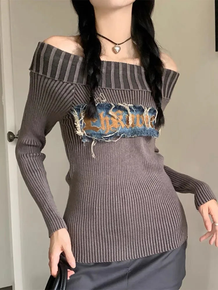 OLCooL 2024 Fall Fashion Grunge Sweater Women Y2k Off Shoulder Knitted Pullover Punk Vintage Slim Fit Sexy Pulls Aesthetic 2000s Long Sleeve Jumper olcool