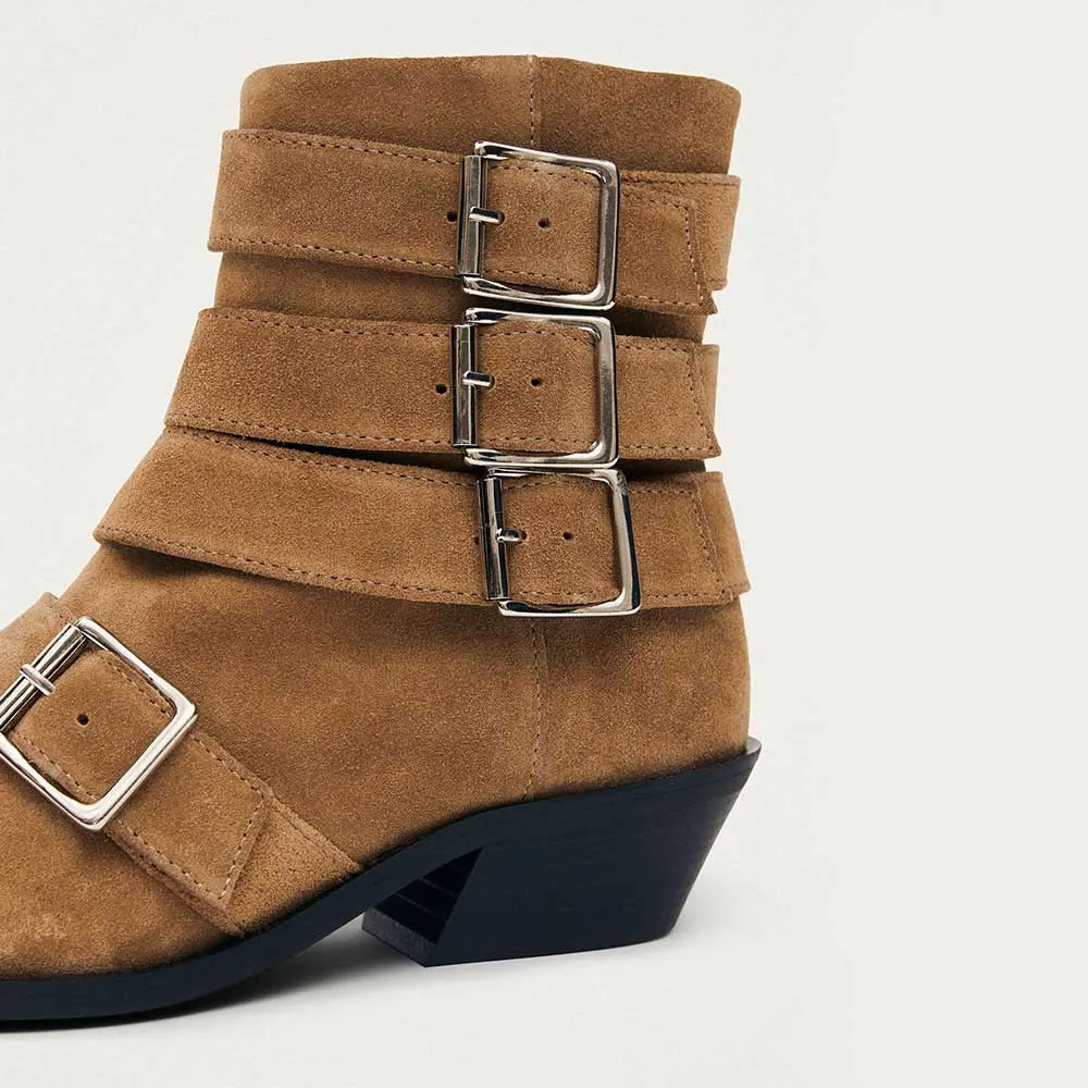 Tan Vegan Suede Slip On Low Block Heel Short Pointed Toe Boots