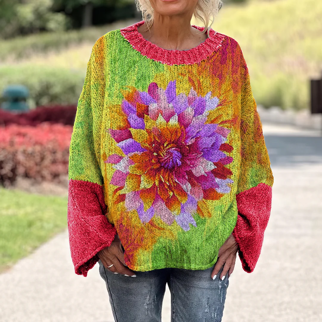 Colorful Gradient Flower Printed Women's Loose Sweater