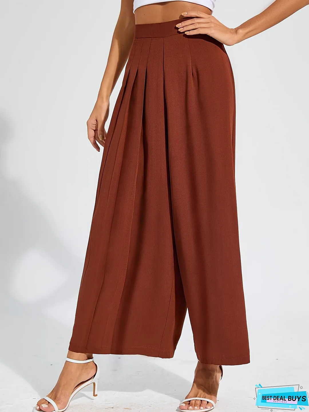 Solid Pleated Wide Leg Pants, Elegant High Waist Palazzo Pants, Women's Clothing