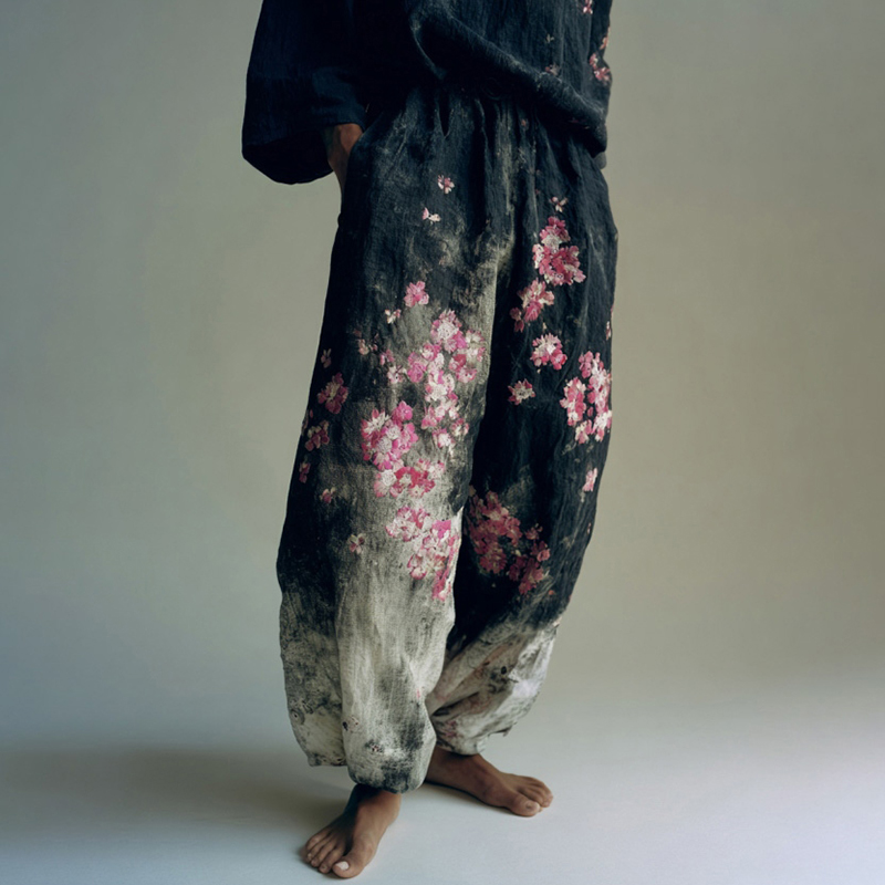 Men's Retro Japanese Floral Tie-dye Art Print Linen Casual Pants  artssus
