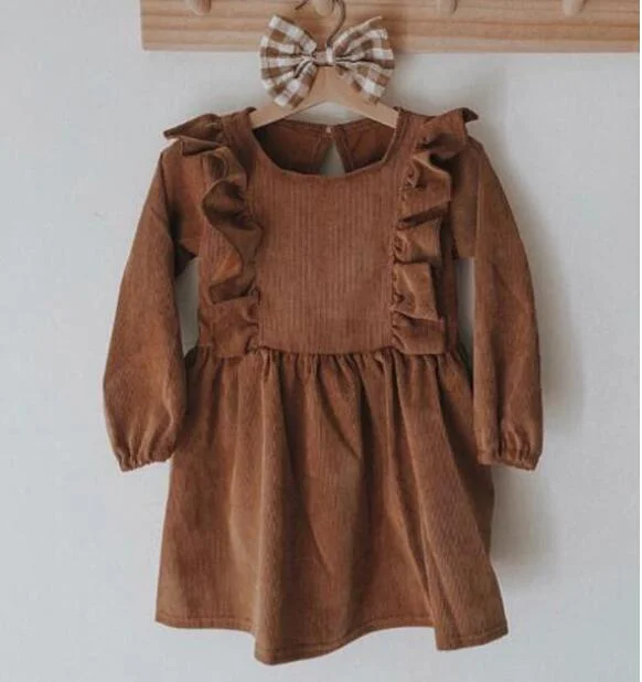 Spring Solid Color Long Sleeve Toddler Velour Dresses 1-8Yrs Baby Girls Dress Sweet Kids Velvet Clothes Princess Ruffles Dresses