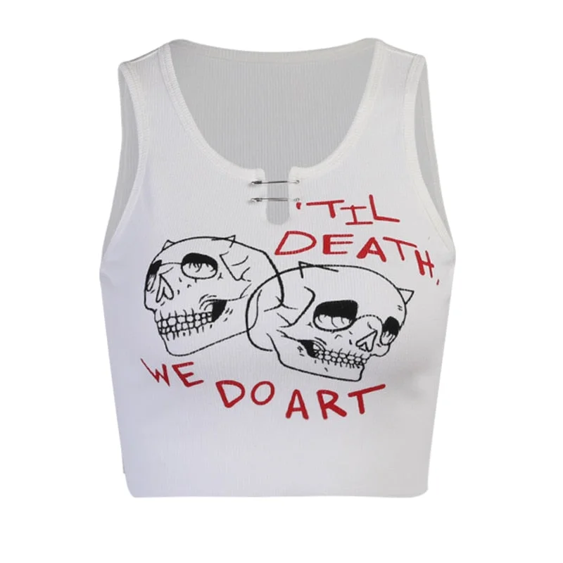 InsGoth Gothic Skull Print White Tanks Harajuku Punk Brook Patchwork Women Tank Top Streetwear Grunge Summer Basic Crop Tops