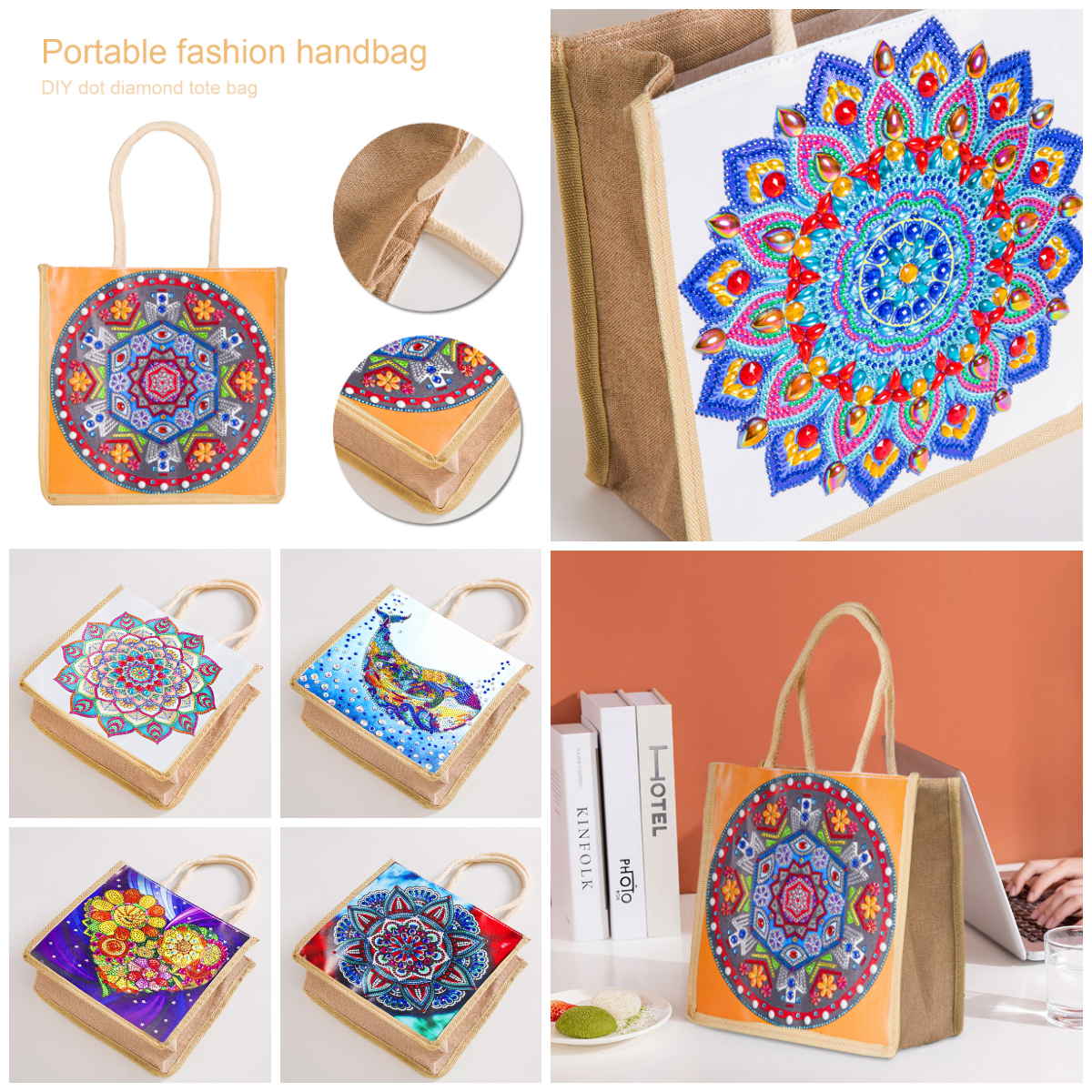 5D DIY Diamond Painting Linen Bags Handbag Mosaic Art Reusable Eco-friendly  Storage Pouch for Shopping Foldable Grocery Tote