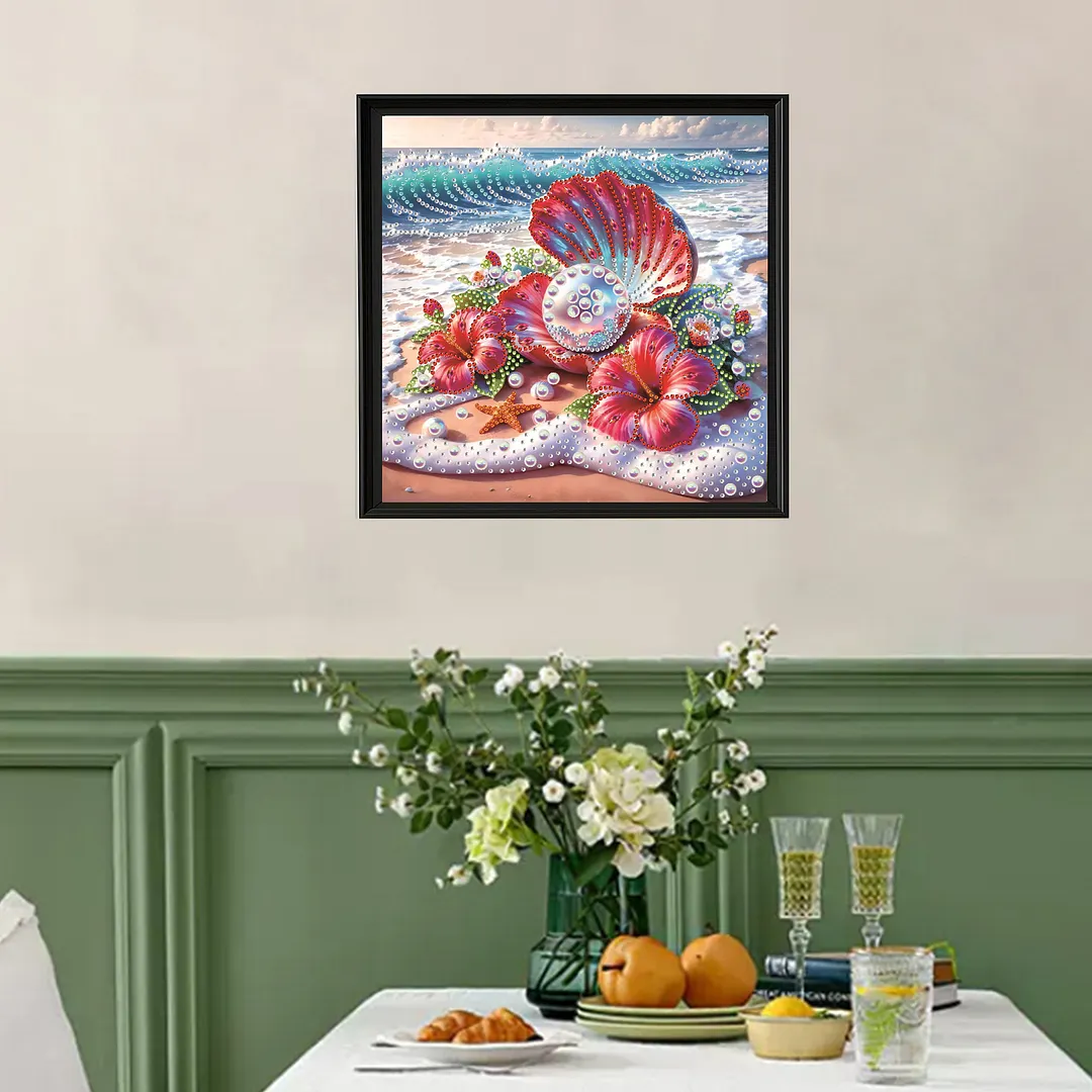Beach Hibiscus Beaded Decor Special Shaped 5D DIY Partial Drill Diamond Painting Kits for Adults Beginners Home Decor Diamonds Dots Gem Art Kits 11.81 X11.81inch