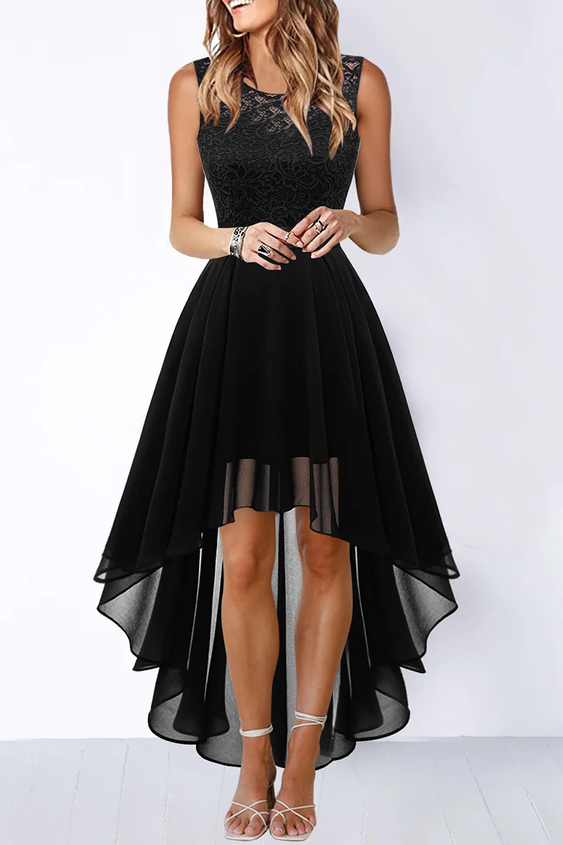 Black Sexy Formal Solid Asymmetrical O Neck Evening Dress Dresses
