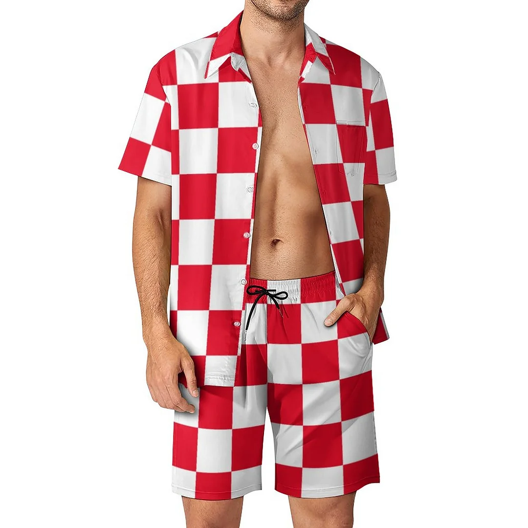 Modern Croatian Geometric Red Checkered Men Hawaiian 2 Piece Outfit Button Down Beach Shirt Shorts Set Tracksuit with Pockets