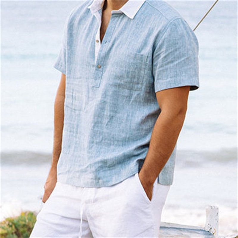 Men's Resort V-Neck Linen Shirt-Compassnice®