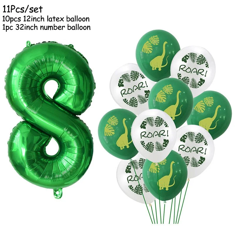 11Pcs Green Foil Number Balloons Dinosaur Latex Balloon Kids Jungle Theme Birthday Safari Forest Party Decorations Baby Shower