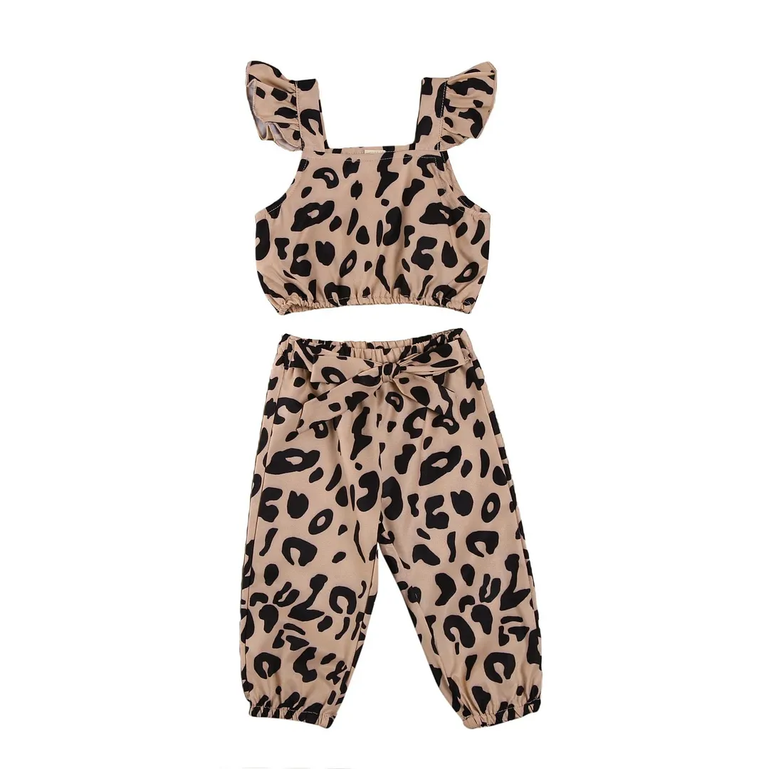 Kids Baby Girls Leopard Suit, Sleeveless Round Neck Top Elastic Head Bowknot Waist Long Pants for Summer 1-5T
