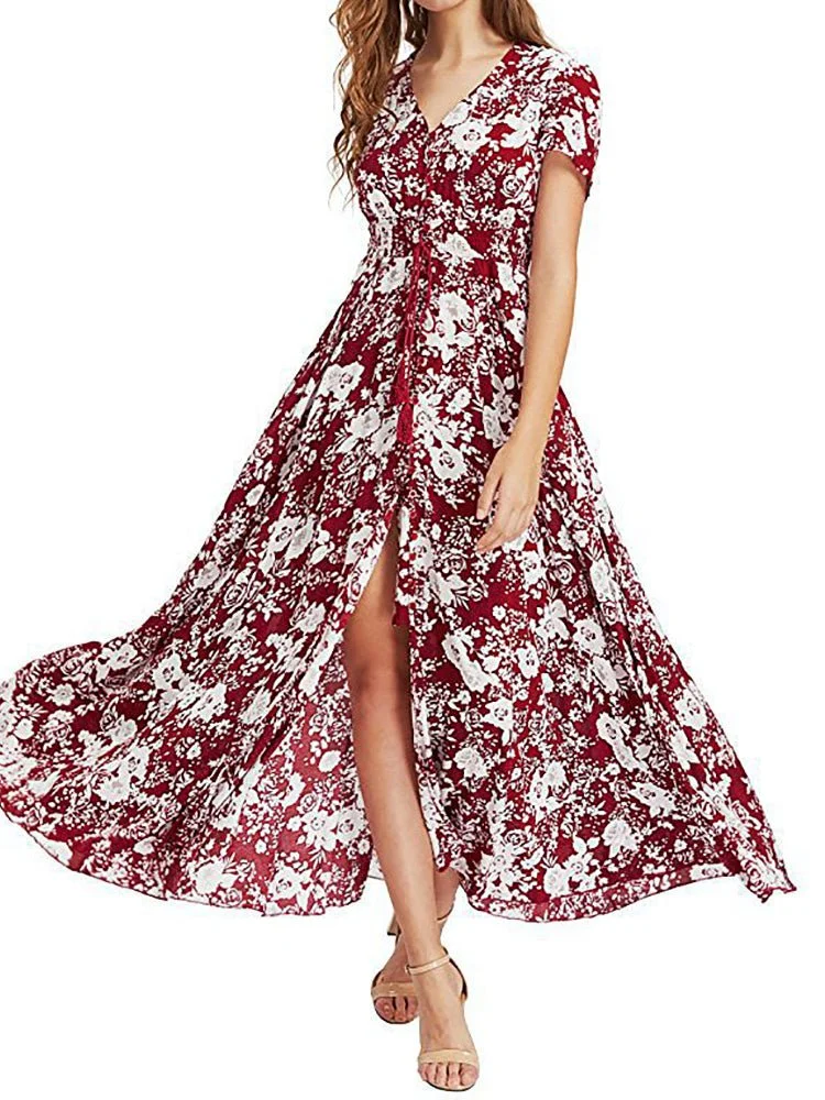 Women's Dresses Vintage Ethnic Pattern V-Neck Loose Maxi Dress