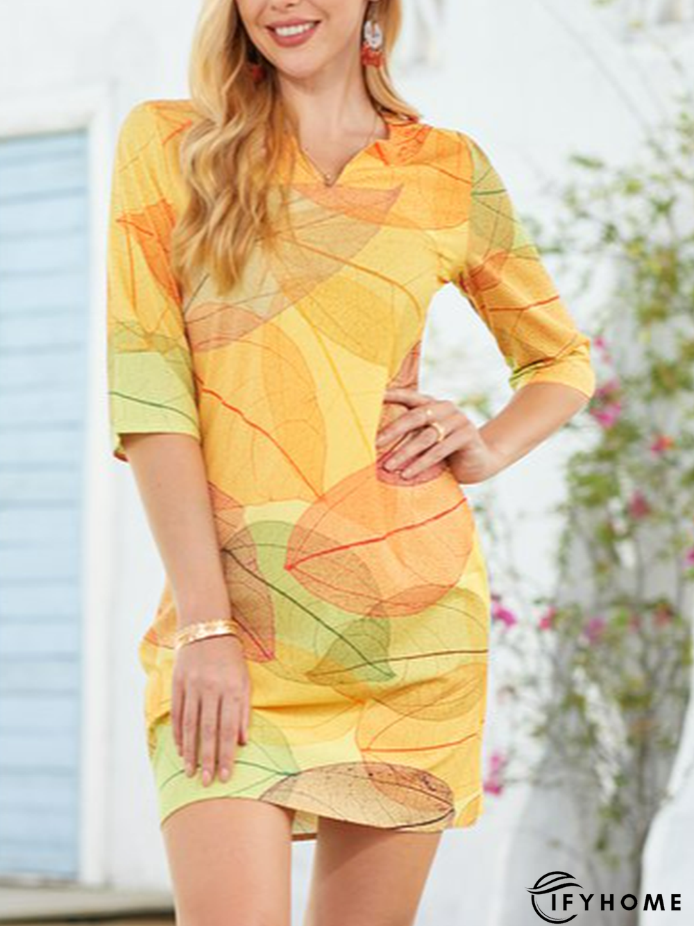 Women Vintage Casual Half Sleeve V Neck Leaves Dress | IFYHOME