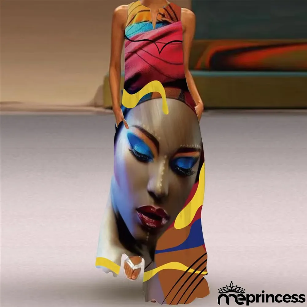 Summer women's sleeveless dress v-neck printed face dress