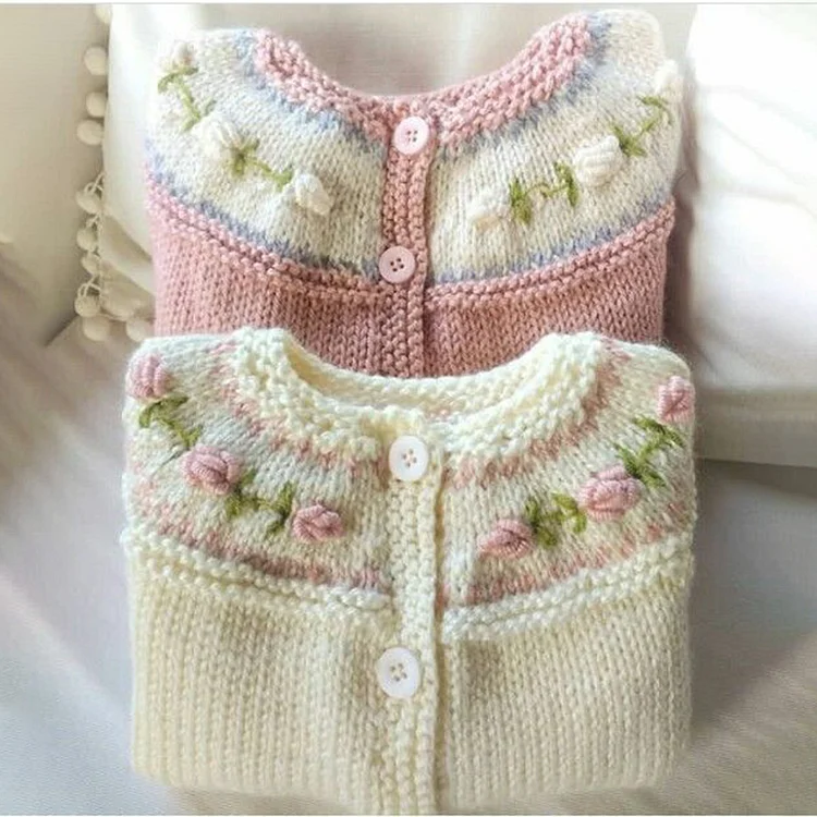 Utbros Cozy Pink Awareness Floral Icelandic Jacquard Knit Sweater Cardigan