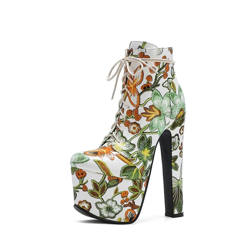 Gdgydh Lacing Very Ultra High Heel Boots For Women Fashion Flowers Vintage Ankle Boots Ladies Party Shoes Spring Autumn Big Size