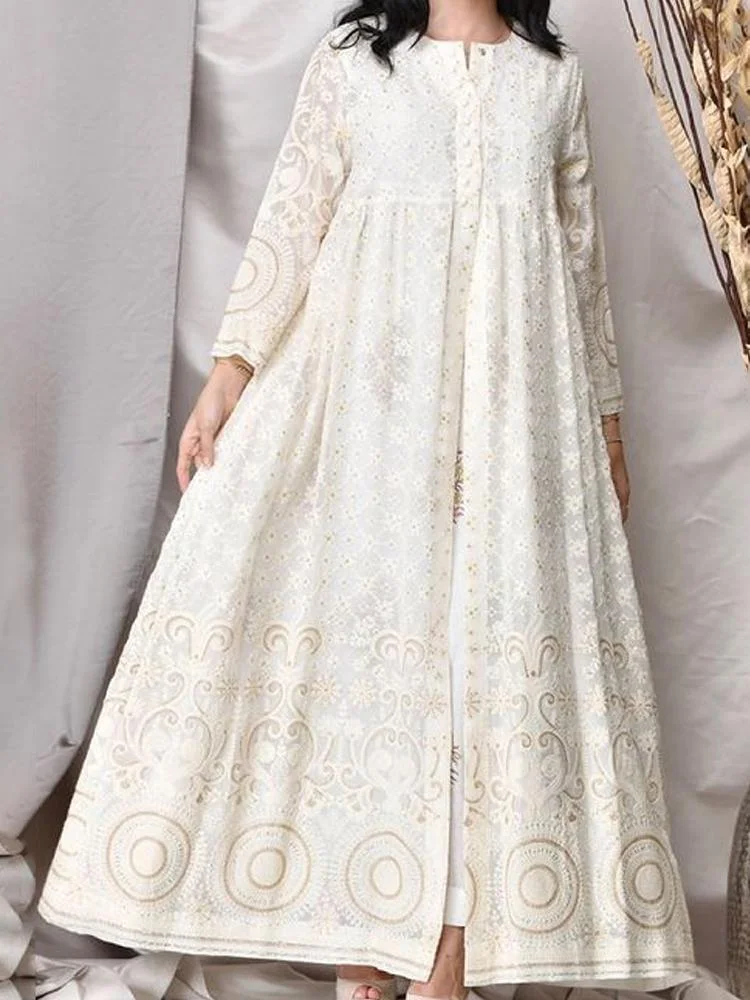 Beige embroidery long-sleeved open maxi dress