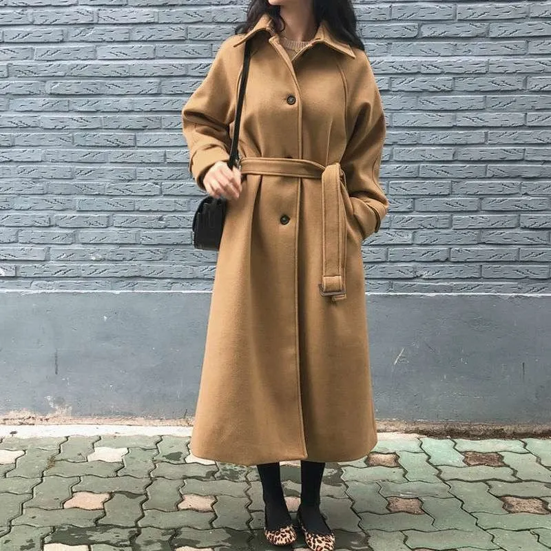Coat Spring And Autumn 2021 Autumn And Winter Korean Version Thickened Cotton Sand Medium Length Waist Lace Up Wool Coat Women's