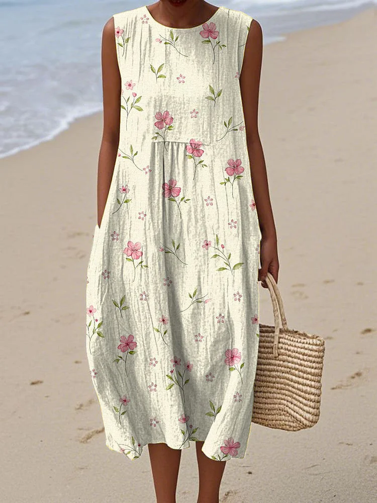 Women's Vintage Floral Art Print Sleeveless Cotton Pocket Wrap Dress