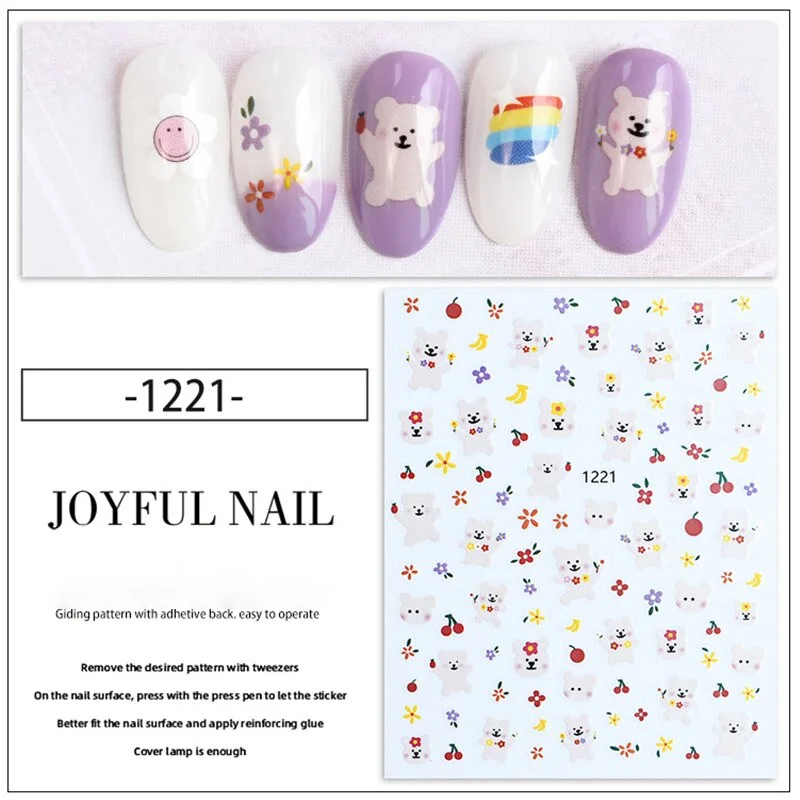 Beautizon Colorful Cartoon Teddy bear High Quality 3D Engraved Nail Stickers Nail Art Decorations Nail Decals Design