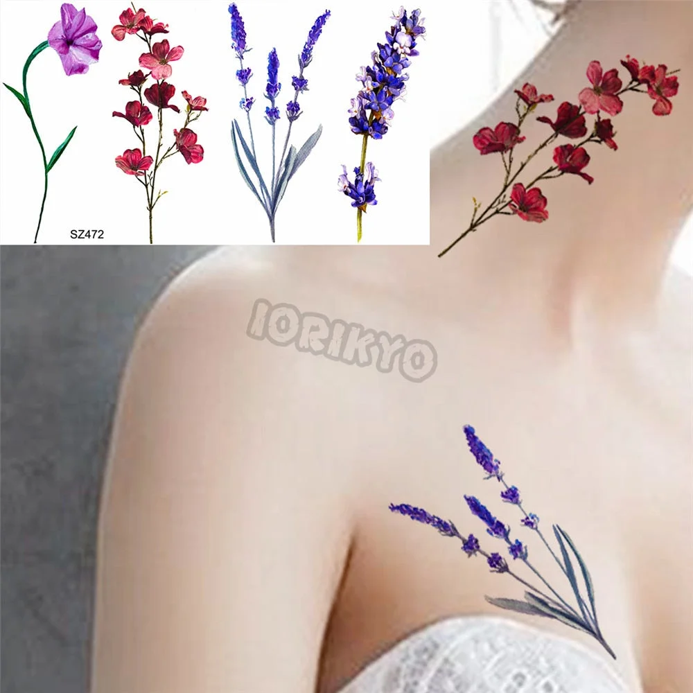 Black Poppy Flower Temporary Tattoos For Women Kids Realistic Lavender Plum Waterproof Fake Tattoo Sticker Tattoo Arm Body