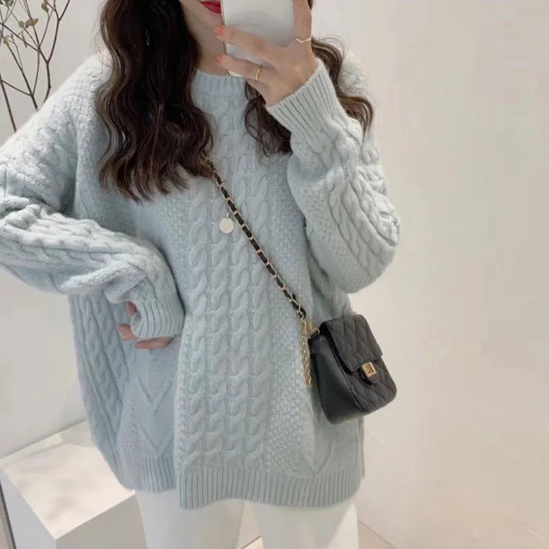 Churchf Churchf Thick Twist Pure Color Loose Sweater Female Autumn Dong New Round Collar Lazy Wind Sweater Jacket