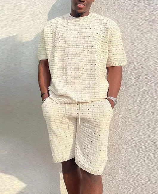 HiBoyz_Men Solid Color Knit Detail Top & Drawstring Shorts