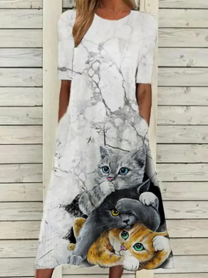 Cute Cat Print Short Sleeve Midi Dress