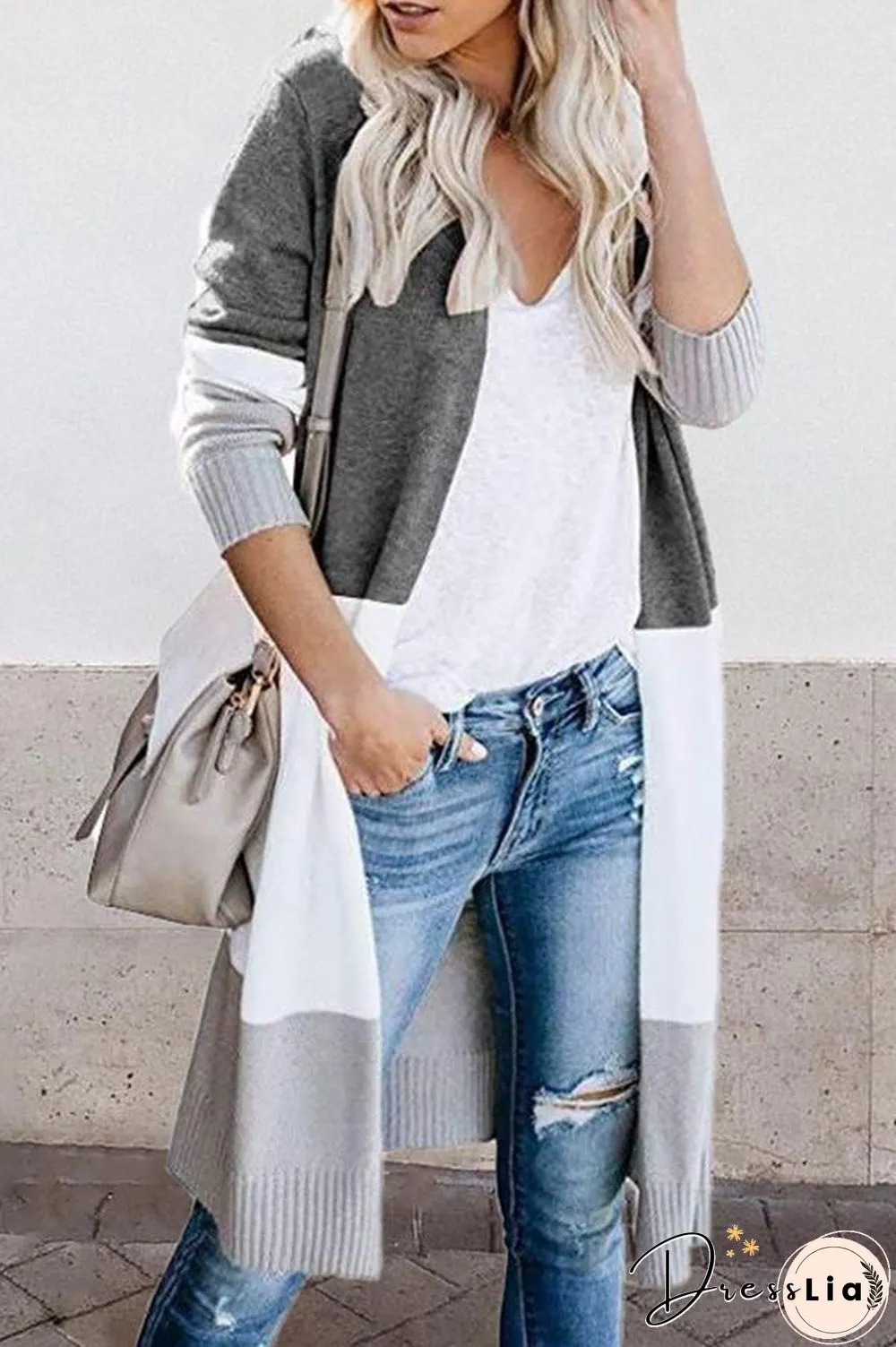 Three-color Striped Stitching Long Cardigan (4 Colors) P15909