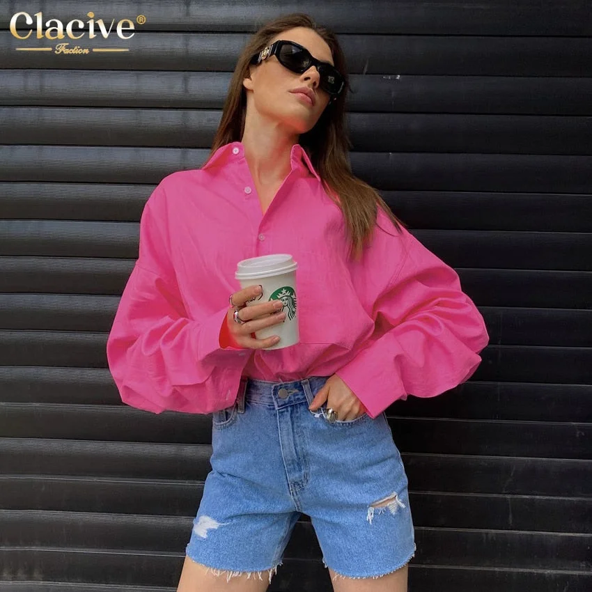 Clacive Autumn Loose Pink Office Women Shirt 2021 Elegant Long Sleeve Fashion Blouses Cotton Streetwear Solid Shirts Top Female