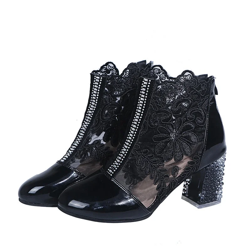 2021 New Woman Mesh Black Ankle Boots for Women Summer Square Heels Boots Sandal Ladies Round Toe Lace Boots