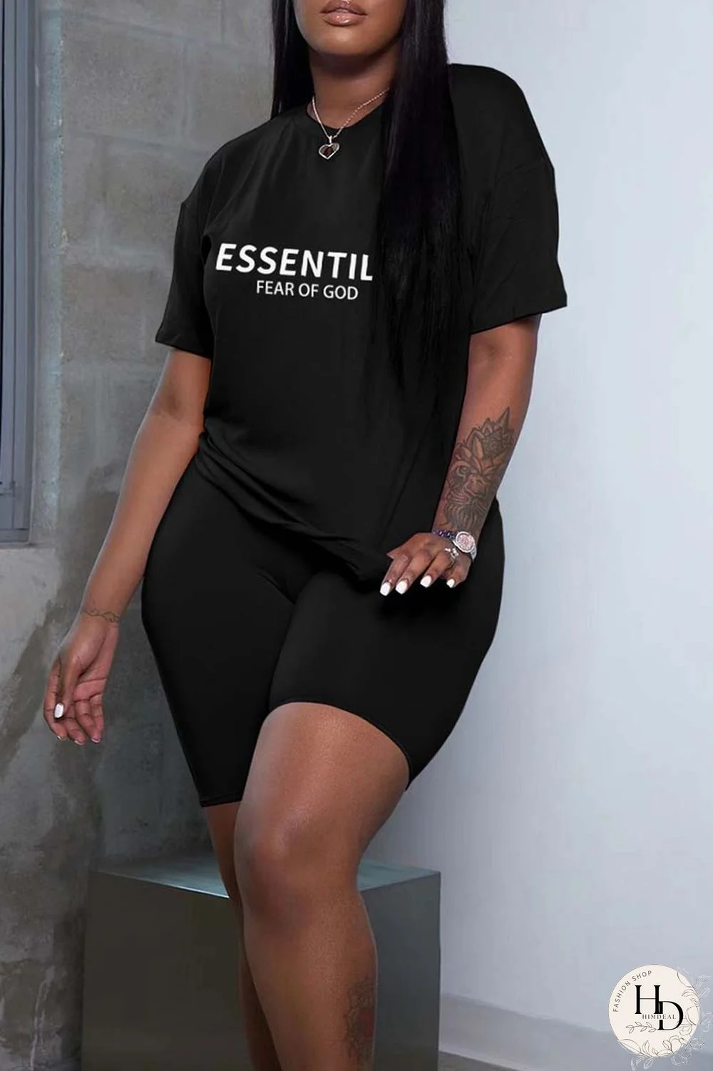 Black Casual Letter Print Solid Basic O Neck Short Sleeve Two Pieces