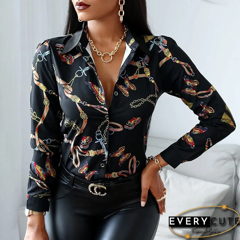 Womens Turn-Down Collar Blouse Spring & Autumn Long Sleeve Butterfly Print tops button
