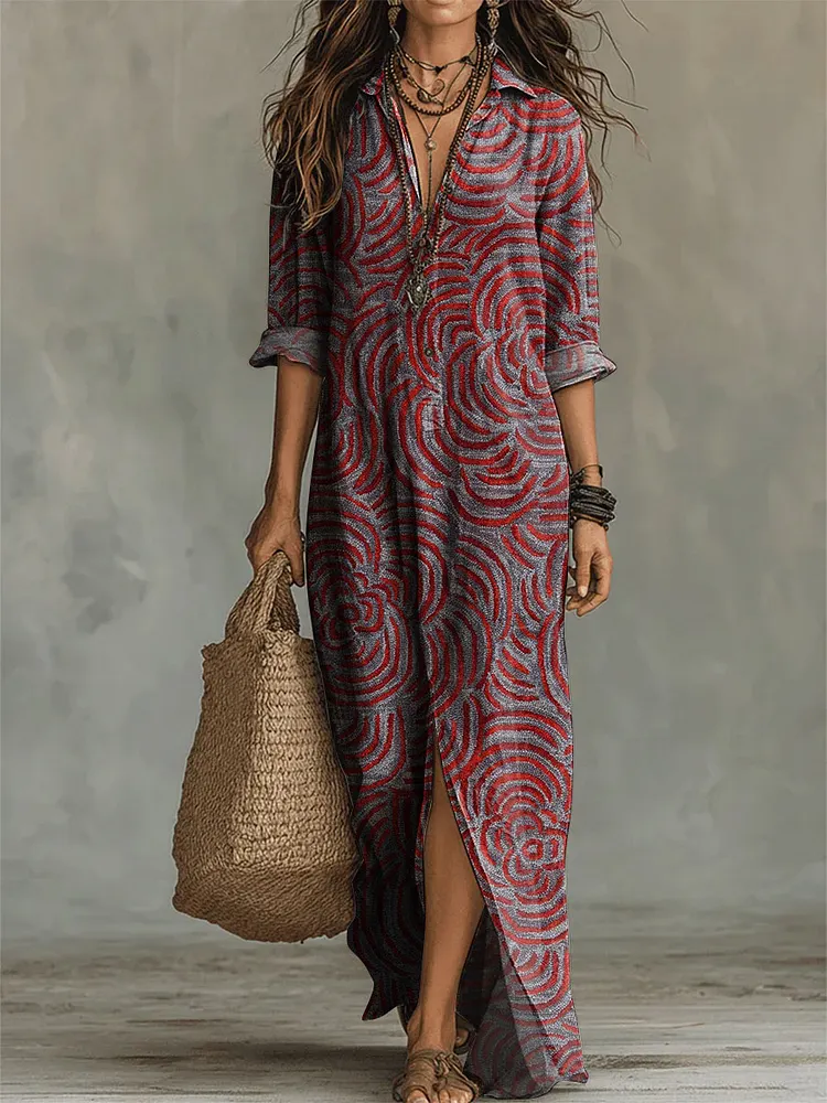 Women's Flower Print Casual Solid-color Linen-cotton Dress
