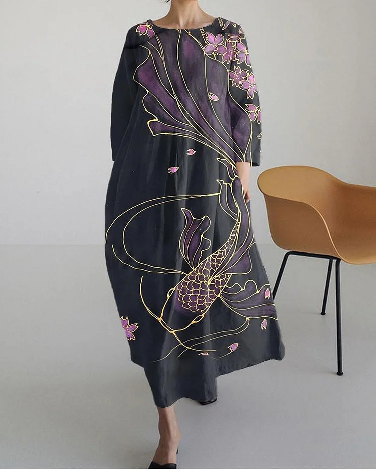 Japanese Art Carp Linen Blend Midi Dress