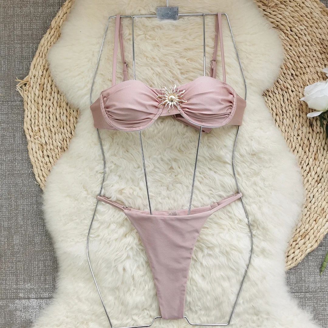 Uveng Three-Point Solid-Color Bikini Sexy Split Swimsuit Women With Adjustable Low-Waist Triangle Bikini