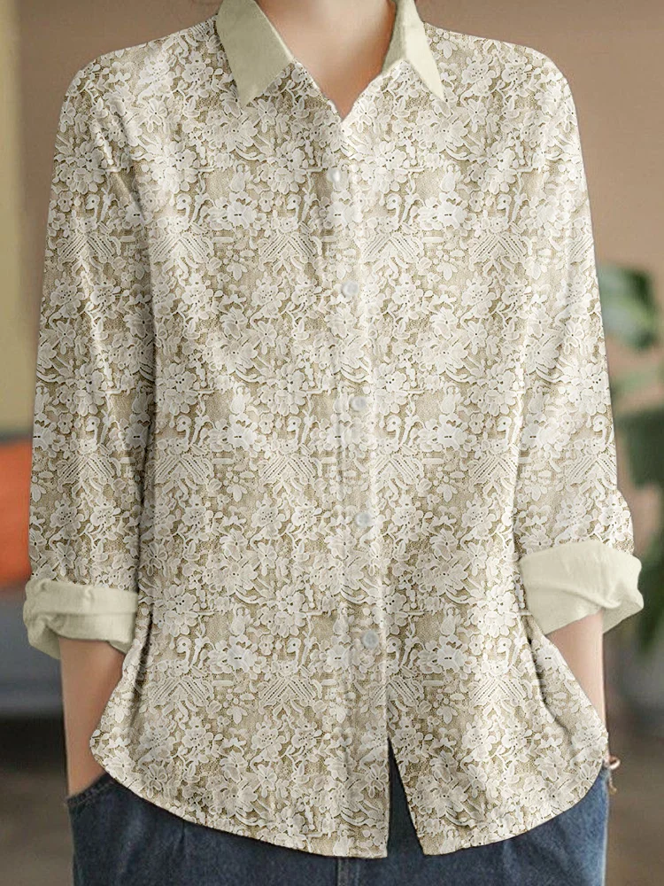 Vintage Floral Lace Linen Blend Cottagecore Blouse