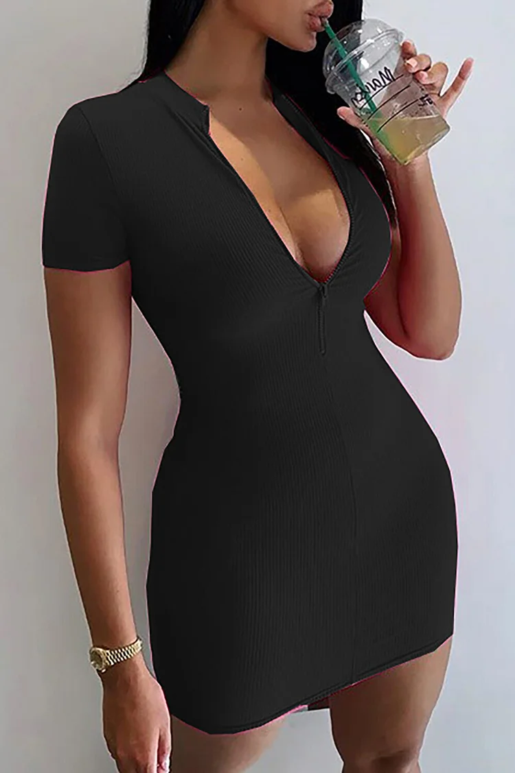 Solid Color Knit Short Sleeve Front Zipper Bodycon Mini Dresses-Gray