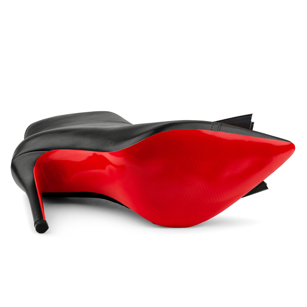 100mm Women's Fashion Zipper Leather High Heels Knee Boots Red Bottom Bowknot Shoes-MERUMOTE