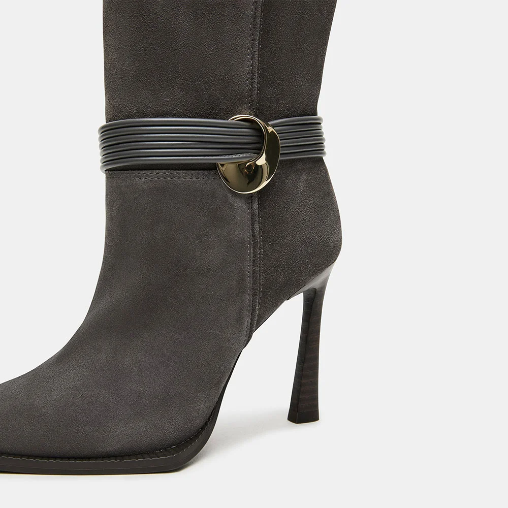 Gray Pointed Toe Patchwork Edge High Heel Western Boots for Women