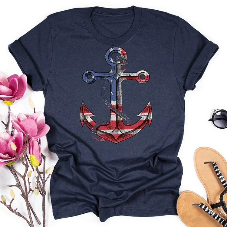 American Flag Anchor Round Neck T-shirt-018174