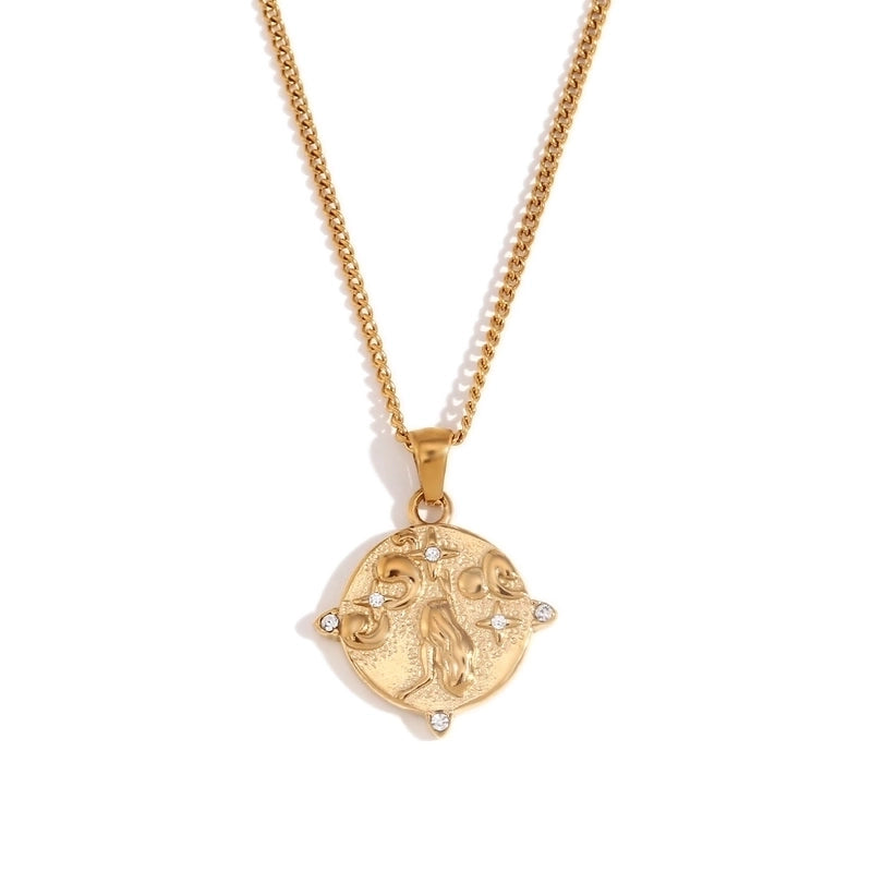 Casual IG Style Geometric Sun Gesture Titanium Steel Zircon 18K Gold Plated Inlay Pendant Necklace