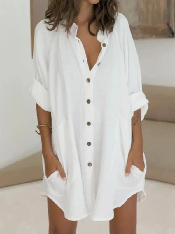 Cotton and linen breasted medium long short sleeve loose shirt