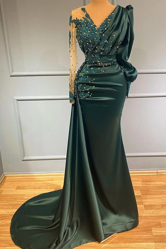 Dark Green V-Neck Long Sleeves Evening Dress Beadings With Lace Appliques ED0046