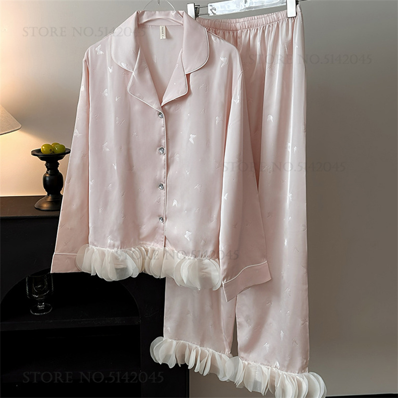 Damokan Luxury Women's Sleepwear 2PCS Pajamas Set French Style Ruffled Ice Silk Trouser Pijamas Suit Loungewear Spring New Home Clothes