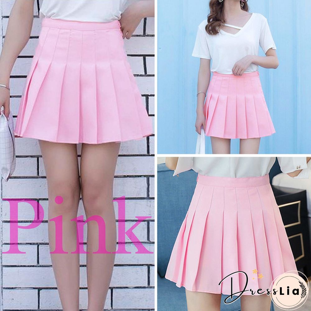 Women Girls High Waisted Plain Pleated Skirt Skater Tennis School Uniforms A-Line Mini Skirt Lining Shorts