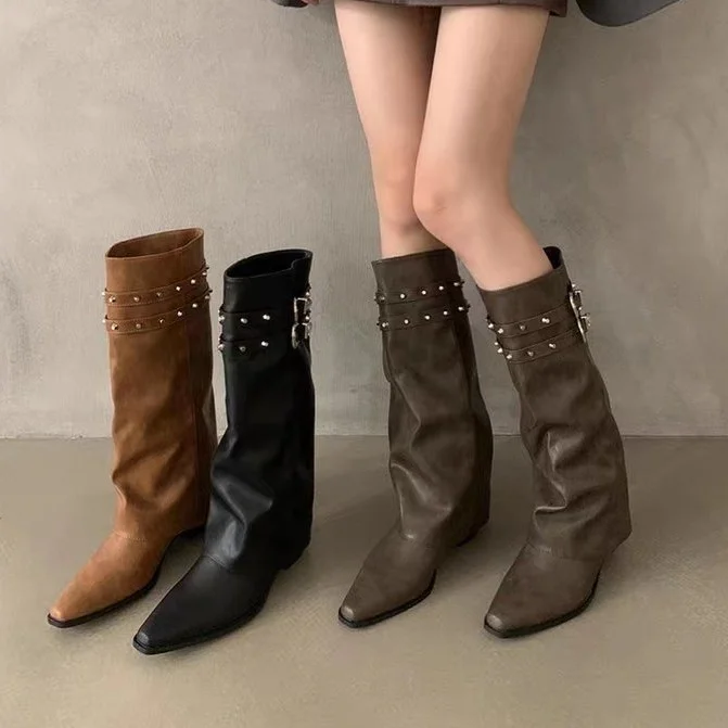 Yyvonne Trouser Boots Women Design Double Buckle With Sharp Head Thick Heel Retro High-Heeled Boots Hot Girl High Boots Tide Women's Shoes