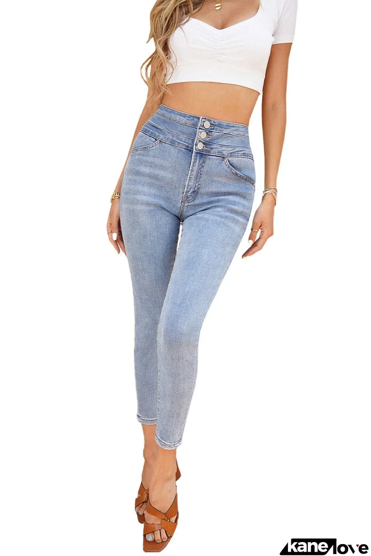 Light Blue Washed High Waist Buttons Skinny Jeans