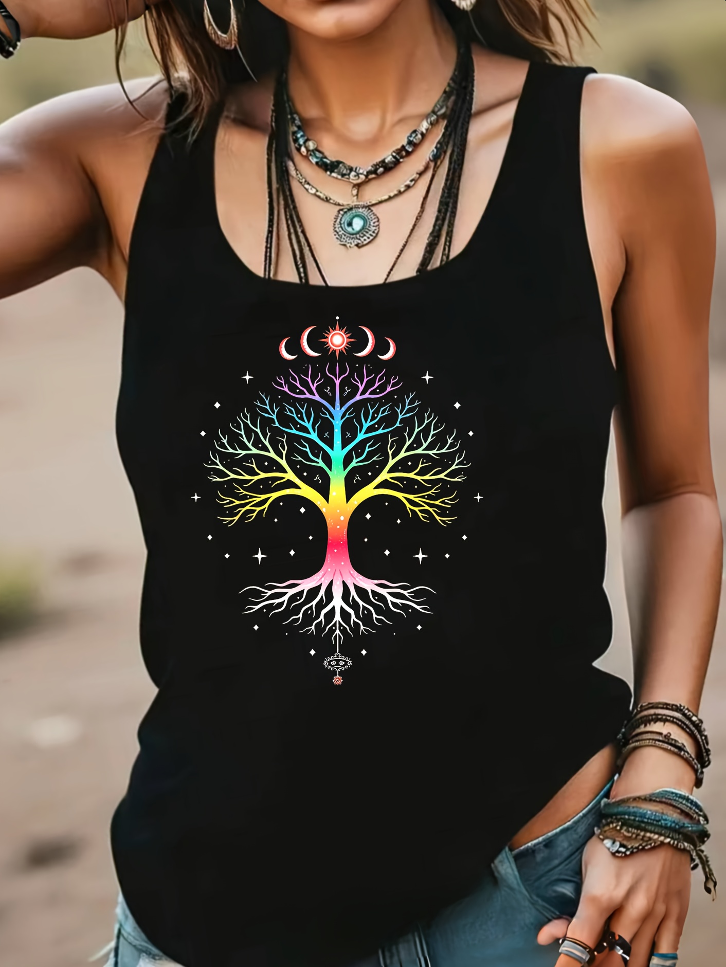 Women's Casual "I" Tree Print Tank Top - Vibrant Multi-Colored Design, Stretchy Sleeveless Summer Blouse, Loose Fit For Casual Attire, Outdoor Top | Vibrant Print Top | Polyester Fabri | IFYHOME