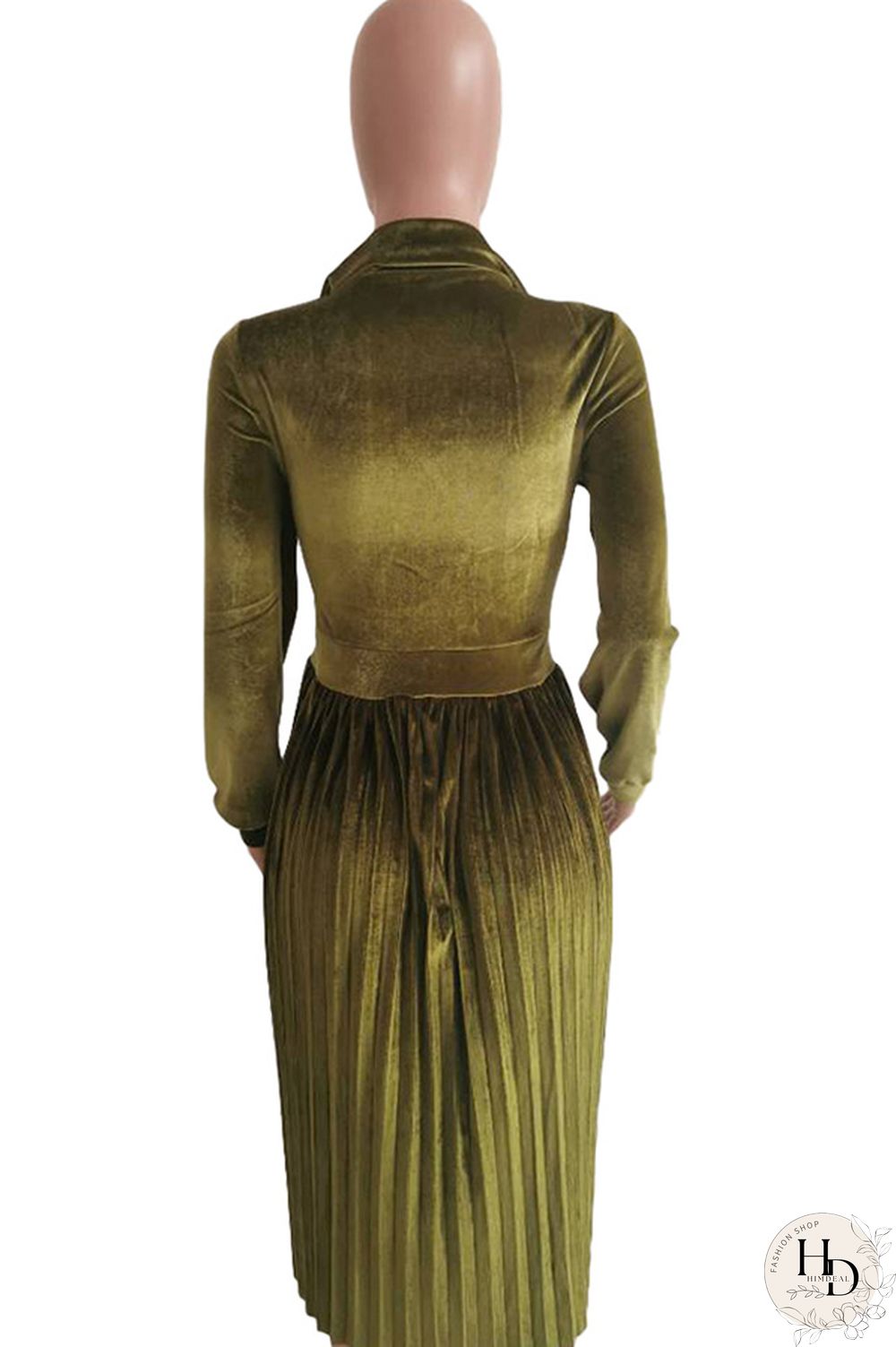 Army Green Sexy Cap Sleeve Long Sleeves Turndown Collar pleated Knee-Length Character Solid Long Sle