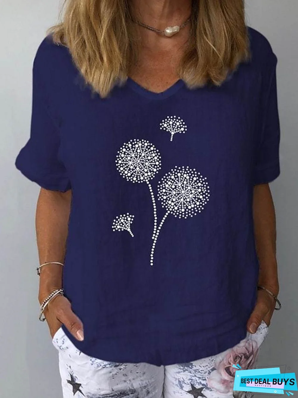 Women's T-Shirt Floral Flower V Neck Tops White Navy Blue Gray Linen